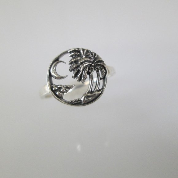 Sterling Silver Coconut Palm Tree and Crescent Moon ring>925 Palm Tree ring - Picture 5 of 7